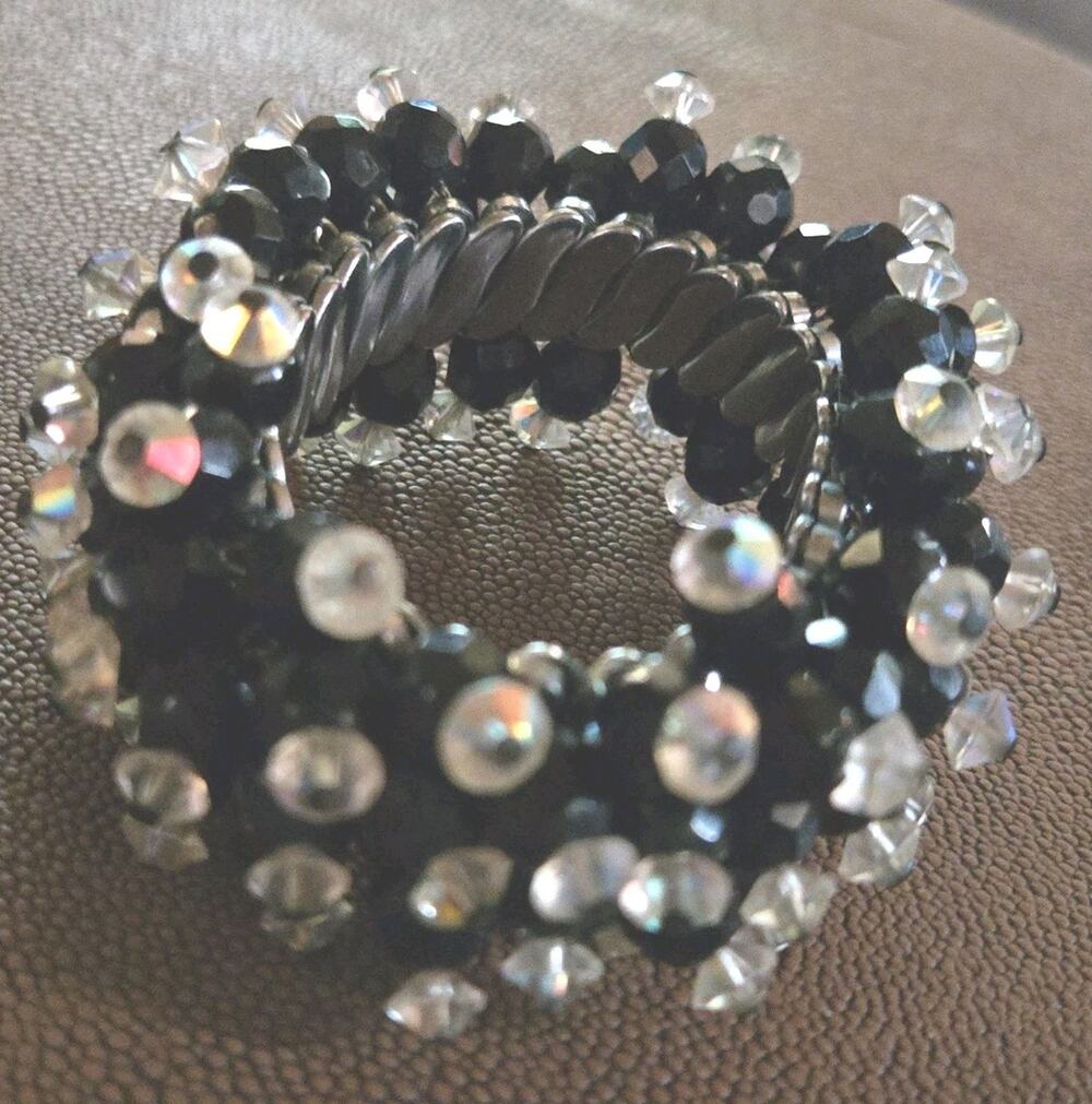 Vintage Cha-Cha Stretchable Bracelet Black and Clear AB Glass Beads